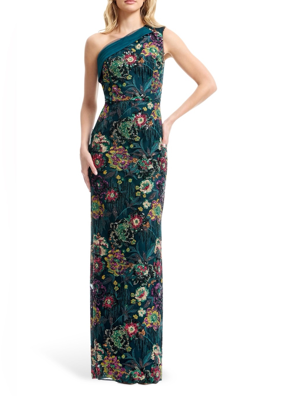 Dress the Population Teal One-Shoulder Floral Sequin Gown